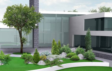 Lüks emlak Bahçe illüstrasyon, 3d dış tam aydınlatma ile.