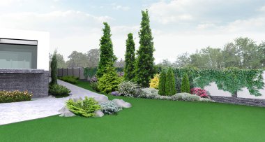 Emlak peyzaj tasarım, yeşillik, 3d render dikim