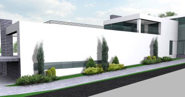 Lüks emlak Bahçe illüstrasyon, 3d dış tam aydınlatma ile.