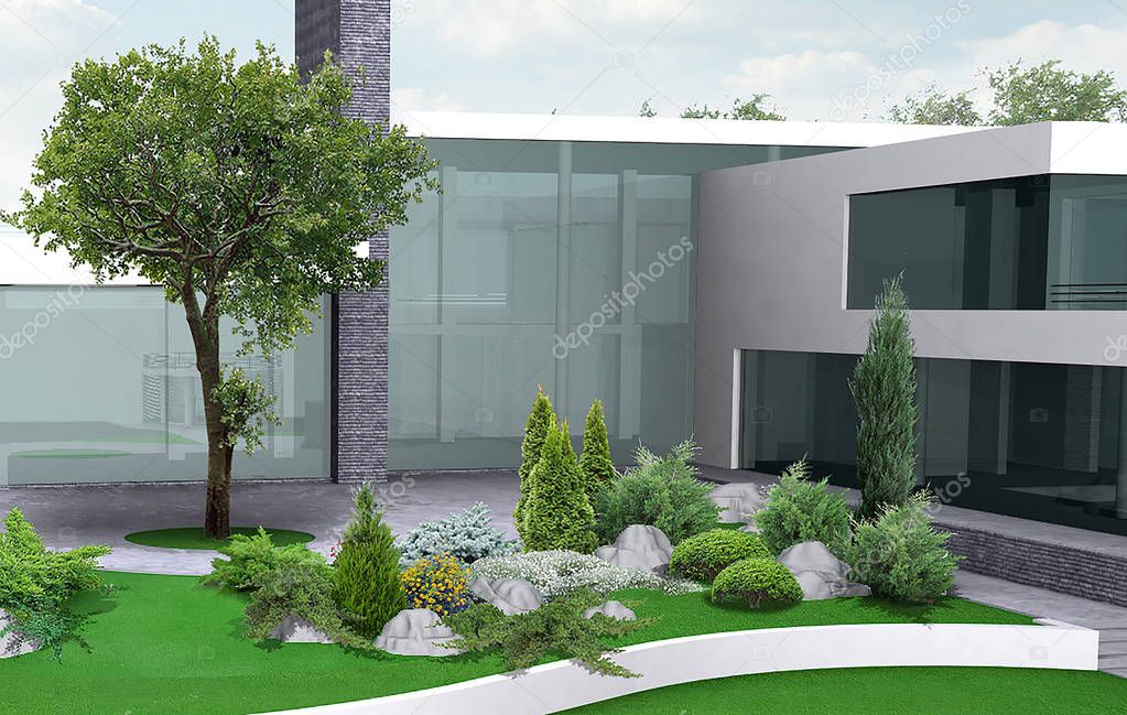 Luxury estate gardening illustration, 3d exterior with complete lighting.