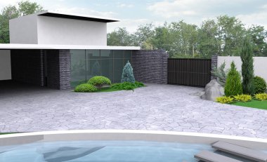 Özel çevre düzenlemesi, arazi doğal ortama entegre 3d render