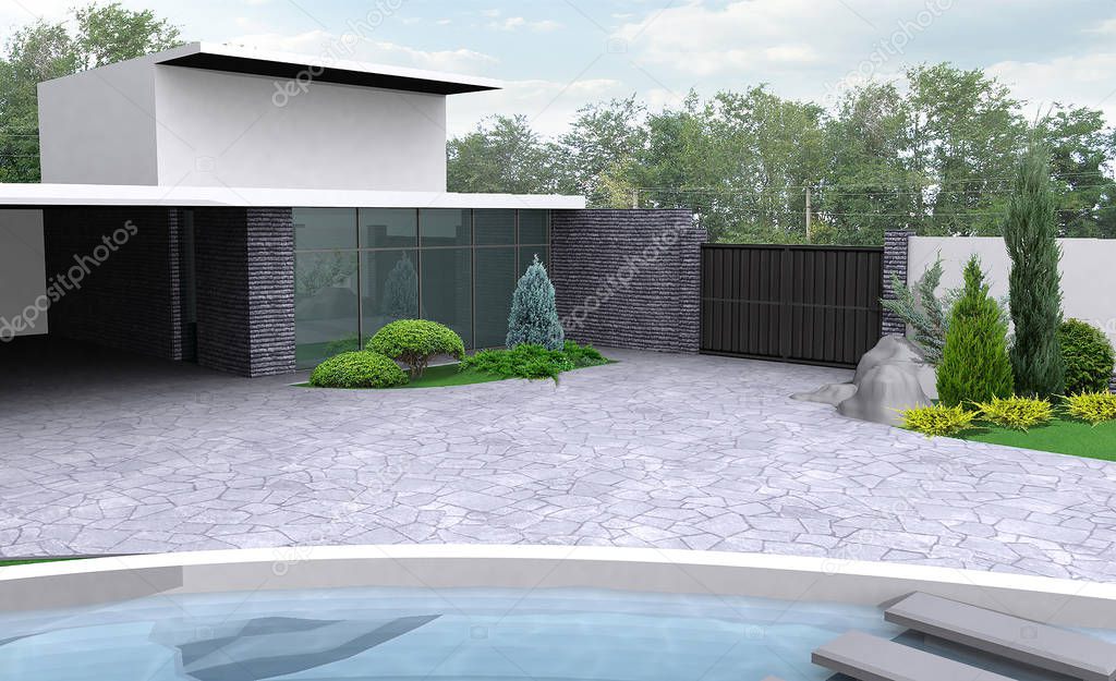 Private land landscaping, 3D render integrated into the natural environment