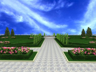 Lüks Konak Bahçe treelined sokak, 3d render