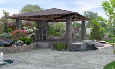 Beautiful backyard makeovers and patio water fountain features, 3D render clipart
