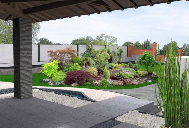 View out the gazebo to garden, 3D render clipart