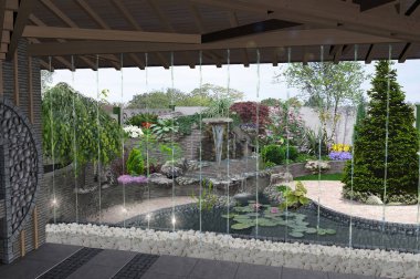 Manzarayı izleriz çardak veranda basamaklı şelale özellikleri, 3d render