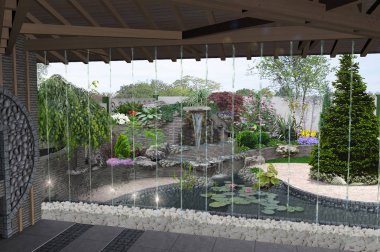 View out the gazebo to patio cascade waterfall features, 3D render clipart