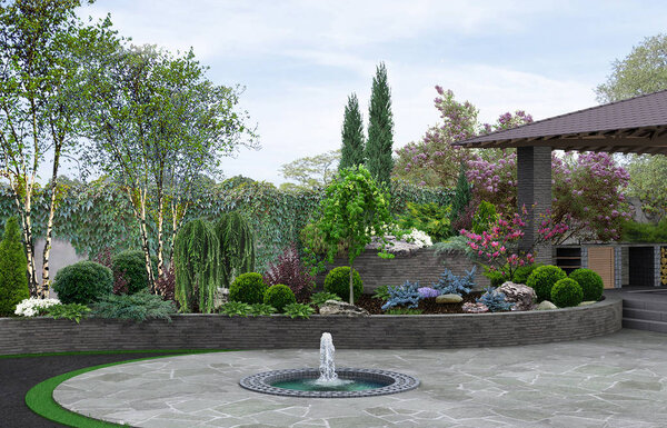 Outdoor living area design, illustration 3d