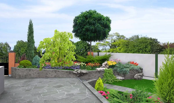 前院多层次园林绿化, 3d 渲染 — 图库照片