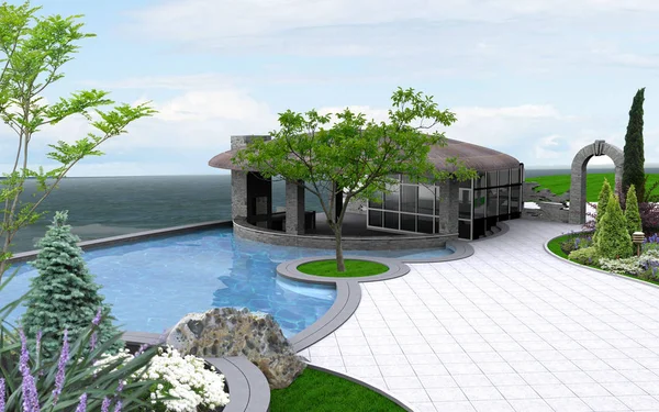 Veja o quintal da casa de férias, ilustração 3D — Fotografia de Stock