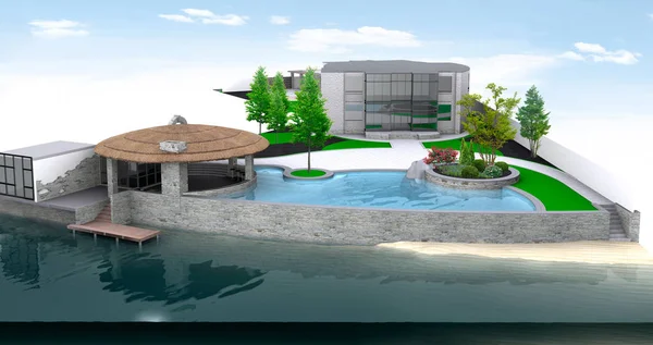 Lyx semester Villa landskapsarkitektur vid sjön, 3D Render — Stockfoto