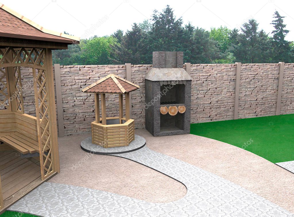 Outdoor seating area design, 3D render