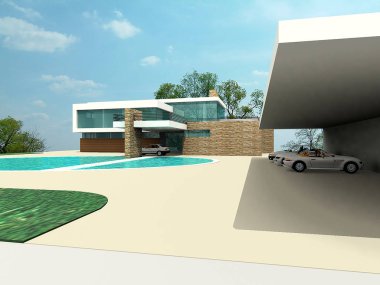 Luxury estate exterior integrated into the natural environment,  clipart