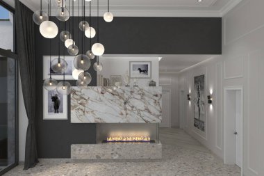 Çağdaş tarz oturma odası düzenleme ve apartman düzeni, 3 boyutlu illüstrasyon