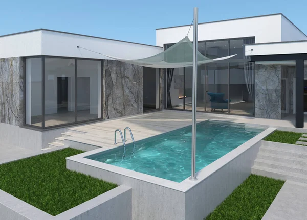 Modern style house backyard, 3D rendering