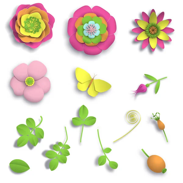 Set-Elemente Papierbasteln 3D-Wildrosenblumen, Hagebuttenbeeren und Schmetterling nahtlose Muster. Vektor Illustration Archivbild — Stockvektor