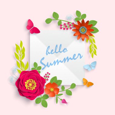 Yaz banner şablon arka plan kağıt sanat çiçek ile reklam, davet veya poster Satılık Merhaba. Hisse senedi vektör çizim