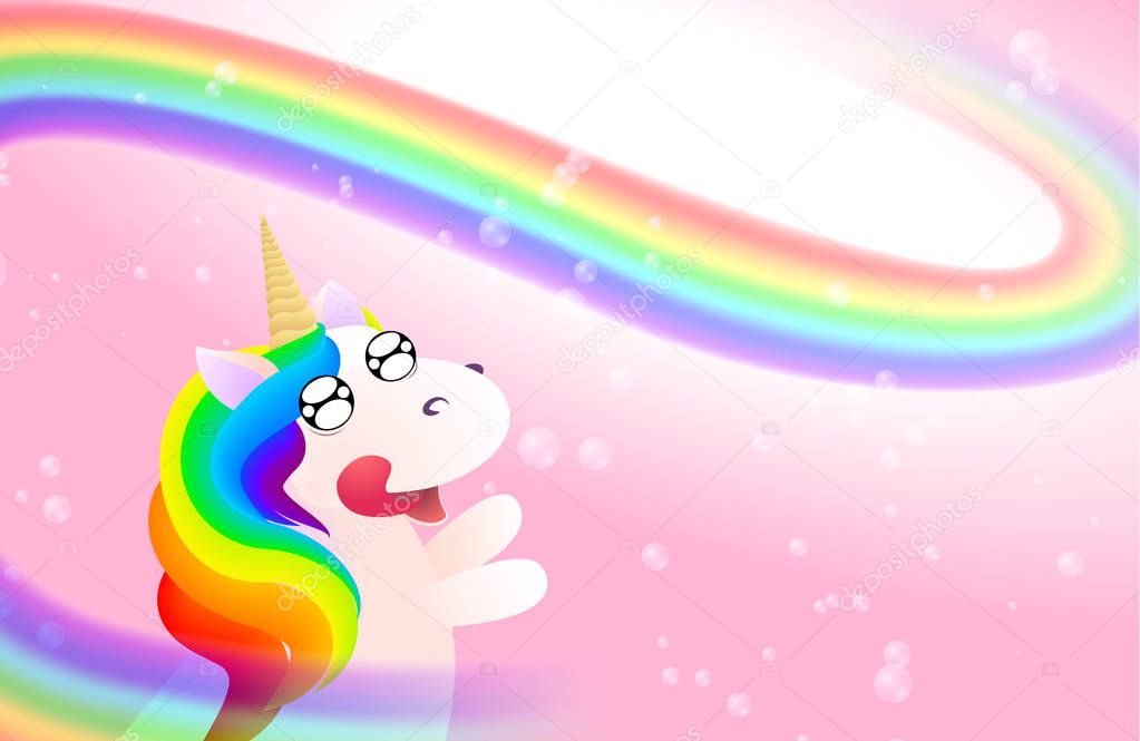 Vector pink background with cute unicorn, rainbow mesh and bubbles. Stock illustration.