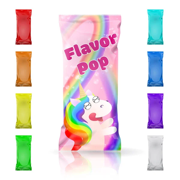 Sapore pop gelato colorato arcobaleno packaging design isolato su sfondo bianco. Pacchetto modello vettoriale con arcobaleno e unicorno. Illustrazione vettoriale realistica 3D . — Vettoriale Stock