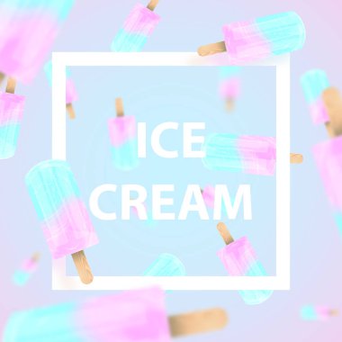 Dondurma çubuklu dondurmayı düşen mavi ve pembe pastel arka plan renkleri. Metin çerçevesindeki dondurma. Hisse senedi vektör çizim