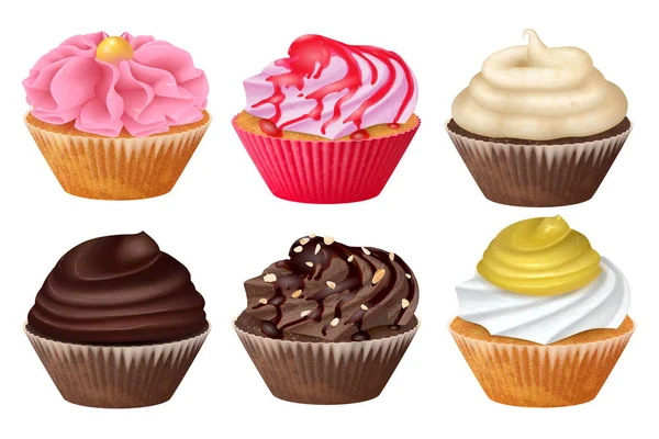 Set vecteur réaliste cupcake, muffins à la crème. 3d icône stock illustartion — Image vectorielle