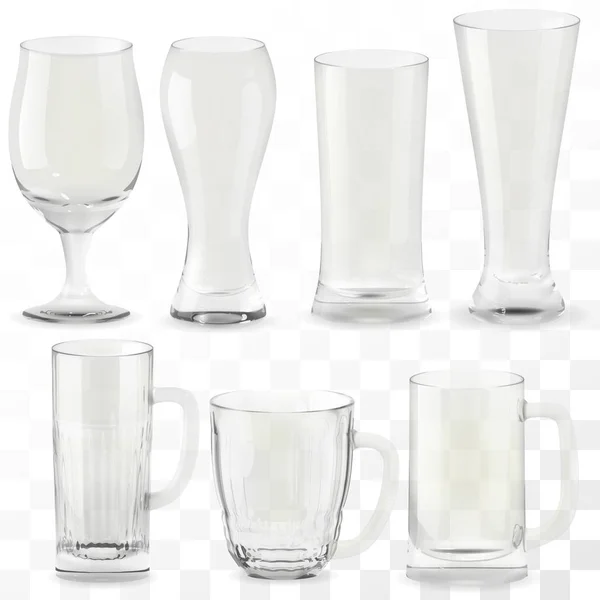 Ensemble de verres à bière transparents vectoriels réalistes. Alcool boisson verre icônes illustration — Image vectorielle