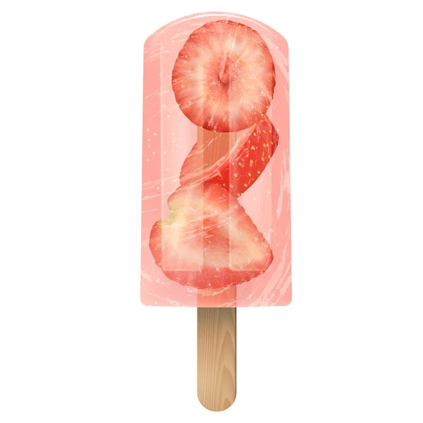 Rode vruchten ice cream popsicle met aardbei. Realistische transparante vectorillustratie 3d op witte achtergrond — Stockvector