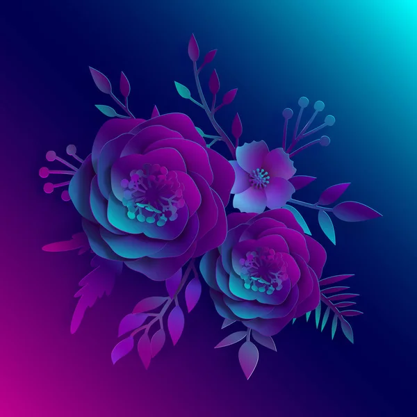 Arte de papel, flores 3D vectoriales realistas en una luz azul neón y rosa con hojas cortadas de papel. Ilustración general — Vector de stock