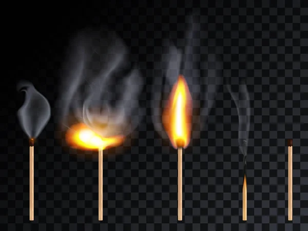 Match pinne med rök och olika Flame set, isolerad på transparens rutnät bakgrund. — Stock vektor