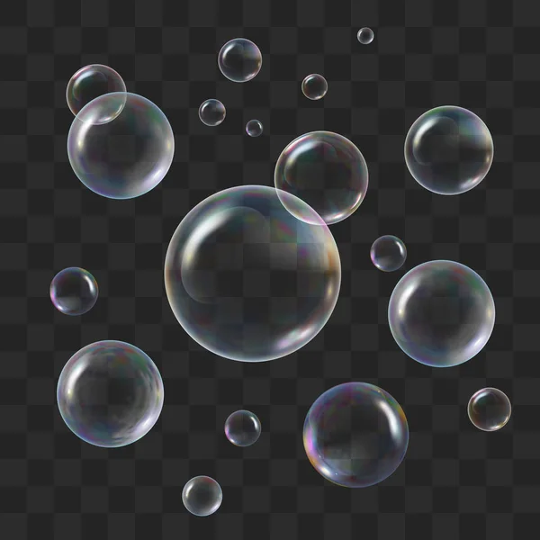 Savon bulles transparentes avec réflexion arc-en-ciel. Mettre de l'eau boules savonneuses réalistes. Illustration vectorielle . — Image vectorielle