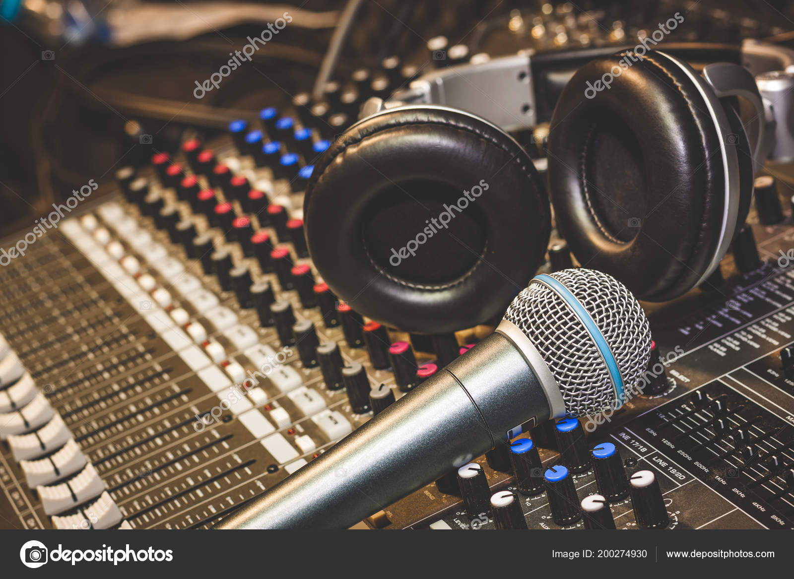 Close Instruments Music Background Concept Single Microphone Headphones  Sound Mixer Stock Photo by ©osaba-stock 200274930