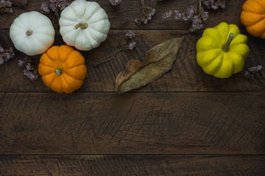 Tablo üstten görünüm dekorasyon Cadılar Bayramın kutlu olsun ya da Şükran günü arka plan kavramı hava görüntüsü. Kabak ve kahverengi ahşap kuru çiçek parti için düz yatıyordu aksesuar nesnesi. Yaratıcı tasarım için alan.