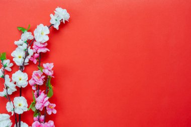 Üstten görünüm havadan görüntü resmini düzenleme dekorasyon Çin yeni yıl ve ay yeni yıl tatil arka plan kavramı. Düz yatıyordu beyaz ve pembe neşeli çiçeği kırmızı kağıt zemin üzerinde. Kopya alanı tasarımı için.