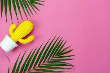 Yaz sezonu tatil arka plan kavramının tablo üst görünümü havadan görüntü. Modern rustik pembe kağıt zemin üzerinde düz yatıyordu kaktüs ve palmiye yeşil yaprak. Yaratıcı tasarım için boş alan içerik için metin sahte