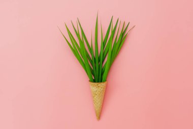 Tablo üstten görünüm hava işareti ya da görüntü gıda yaz sezon tatil arka plan kavramının. Düz pastel dondurma rustik pembe kağıt modern zemin üzerinde yatıyordu. Minimalizm yaratıcı tasarım.