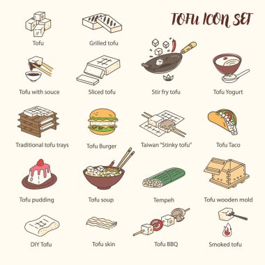 Tofu Icon collection yemek. Asya mutfağı madde. 