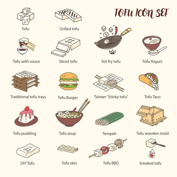 Cocinar colección de iconos de tofu. ingrediente cocina asiática . — Archivo Imágenes Vectoriales