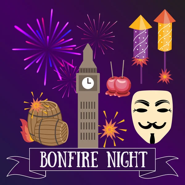 Bonfire noční design pack obsahuje následující prvky: sudy střelného prachu, táborák, 3 petardy, Guy Fawekes masku, Houses of parlament, Karamela jablka — Stock fotografie