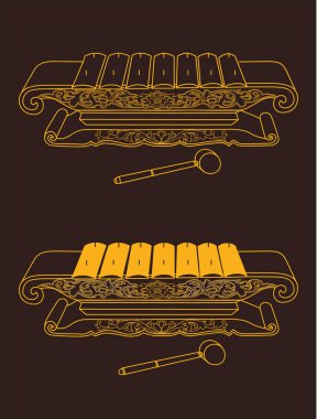 Malaya peştemâli Wayang çizilmiş. Metallophone, geleneksel müzik aleti. Gamelan orkestra unsuru. Sanat satır, vektör. -  