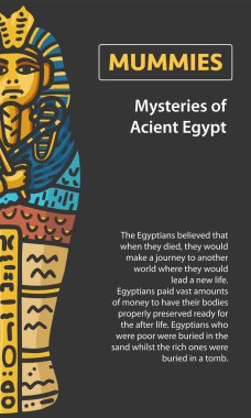 Vektör Poster tasarımı el ile illüstrasyon Acient Mısır Pharaon Tutankhamun lahit metin bloğu ile siyah arka plan üzerine çizilmiş..