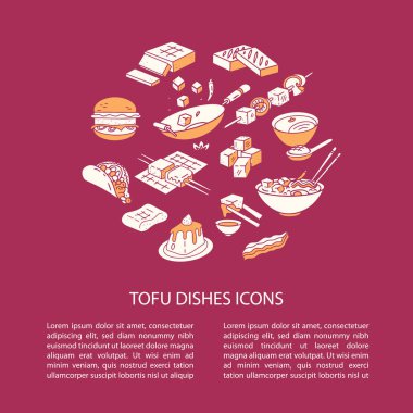 Yuvarlak vektör tofu simgesi kompozisyon yemek. Hat sanatı tofu simgeler, açık renkli izole yemekleri.