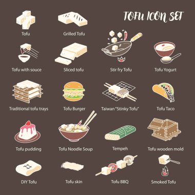 Tofu yemekleri Icon set. 18 hat sanatı simgeler renkte.