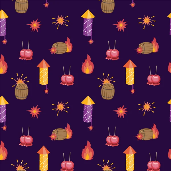 篝火夜パターンには、次の要素が含まれています: 火薬、たき火、爆竹、紫色の背景にリンゴのバレル — ストックベクタ