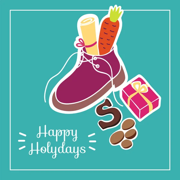 Jolie carte de voeux pour la journée Saint-Nicolas (Sinterklaas) avec chaussure, carotte, boîte cadeau et bloc de texte . — Image vectorielle