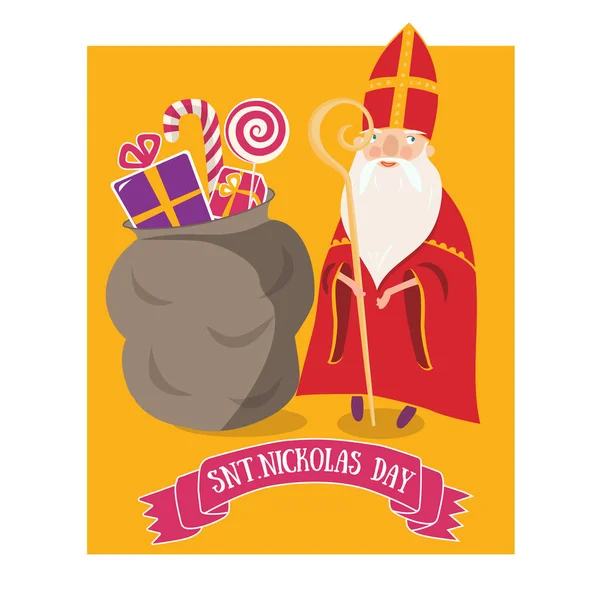 Niedliche Grußkarte mit Heiligennikolaus (Sinterklaas) mit Mitra-Zeug auf seinem Pferd. — Stockvektor