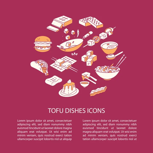 Ronde vector koken tofu pictogram samenstelling. Lijn kunst tofu gerechten pictogrammen, geïsoleerd op de lichte achtergrond. — Stockvector