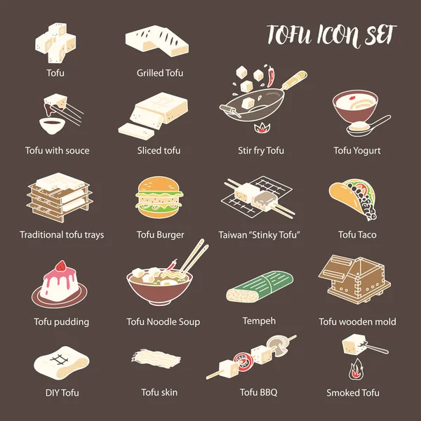 Tofu-Gerichte Icon-Set. 18 Zeilen Kunst farbige Symbole. — Stockvektor