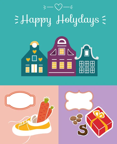 Set of cute greeting card for Saint Nicholas (Sinterklaas) day with shoe, carrot, gift box and text block. — Stock Vector