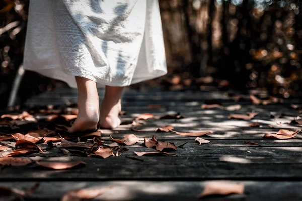 Low angle view of beautiful mysterious woman in white dress walking barefoot on the old wooden bridge extended into the dark forest., Many dried leaves are covered on the floor.
