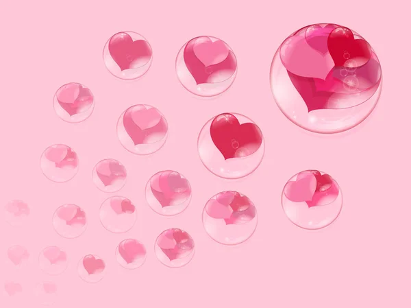 a lot of red hearts inside bubbles on a pink background, soap bubble